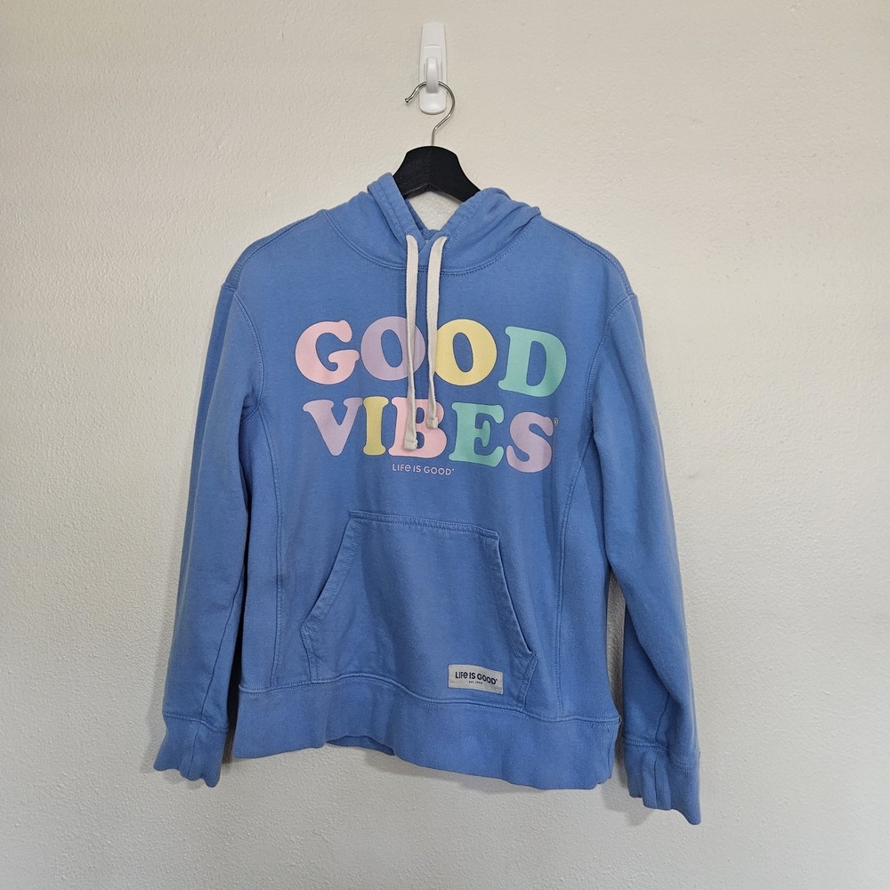 Life Is Good Hoodie Women Size S Blue Graphic Cotton Everyday Casual